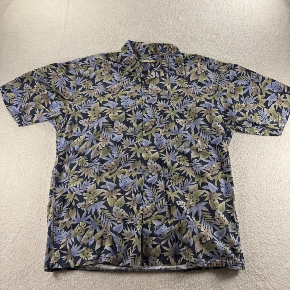 Batik Bay Button Up Shirt Mens L Blue Green Tropical Cotton Pocket Beachwear